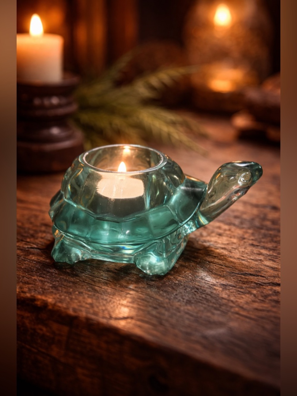 VINTAGE Indiana Glass Spanish Green Turtle Tealight Holder • Rare Art Glass